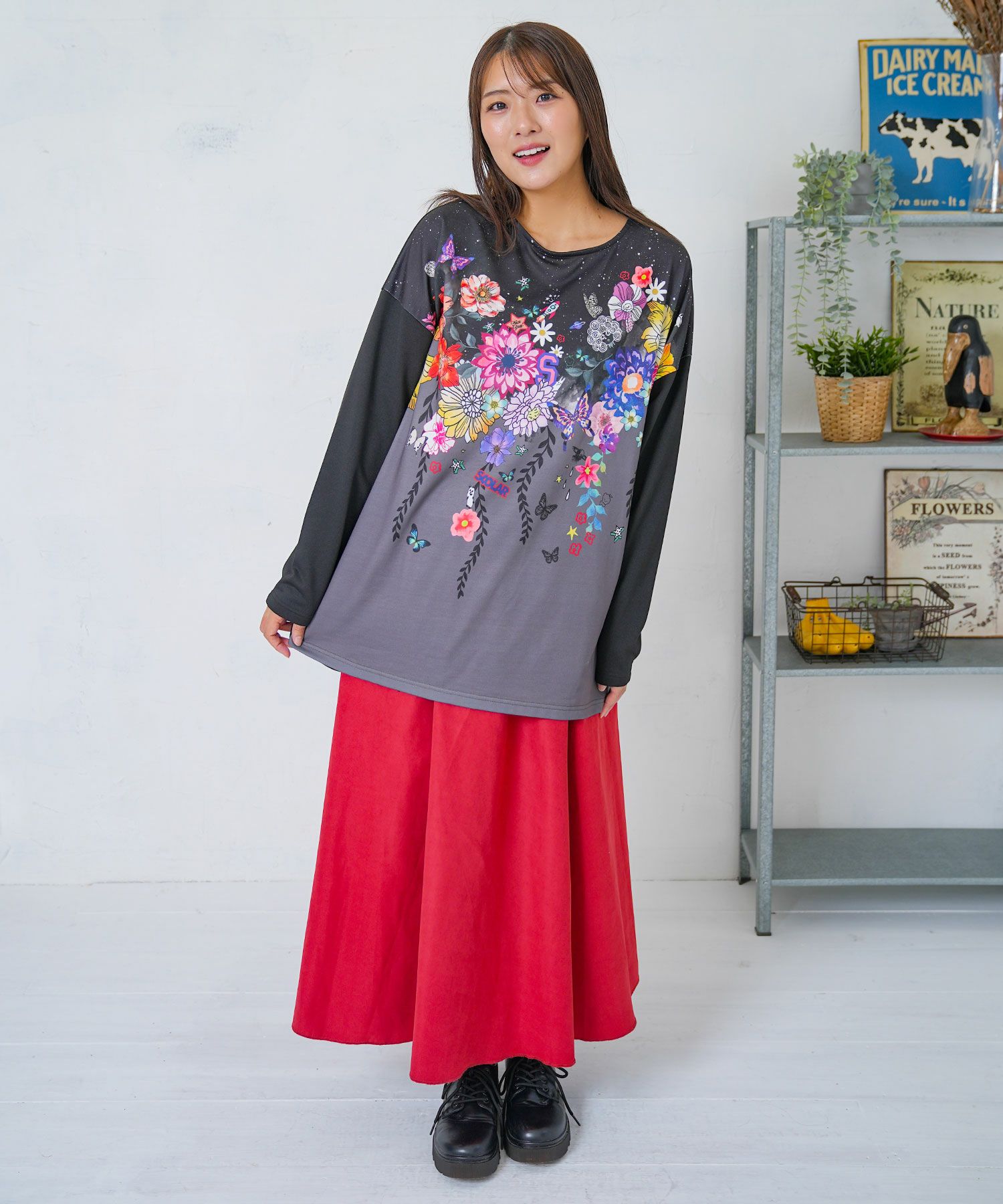 153729：花×夜空柄ミックス裏毛チュニックの通販-ScoLar