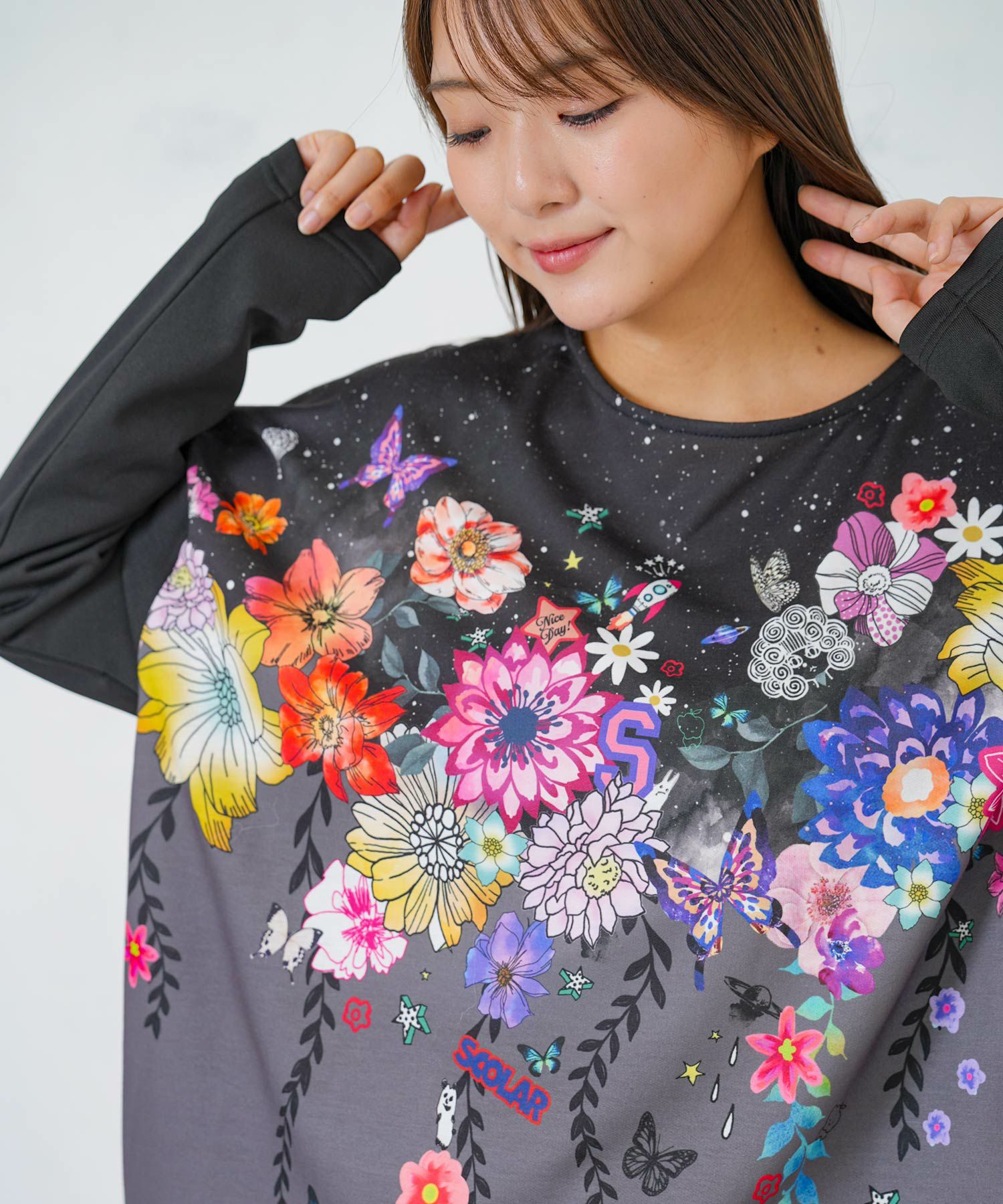 153729：花×夜空柄ミックス裏毛チュニックの通販-ScoLar