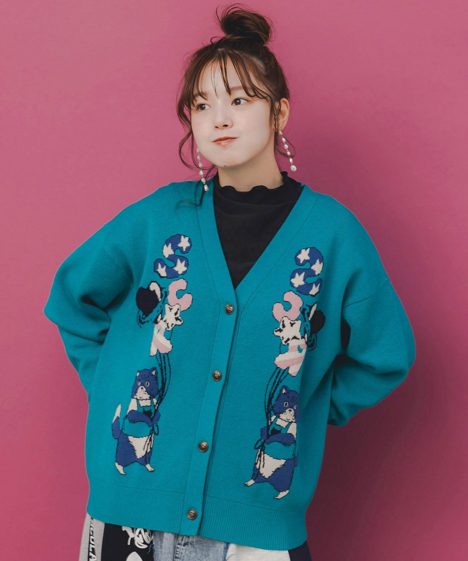 153727：風船ネコちゃんジャガードニットカーディガンの通販-ScoLar