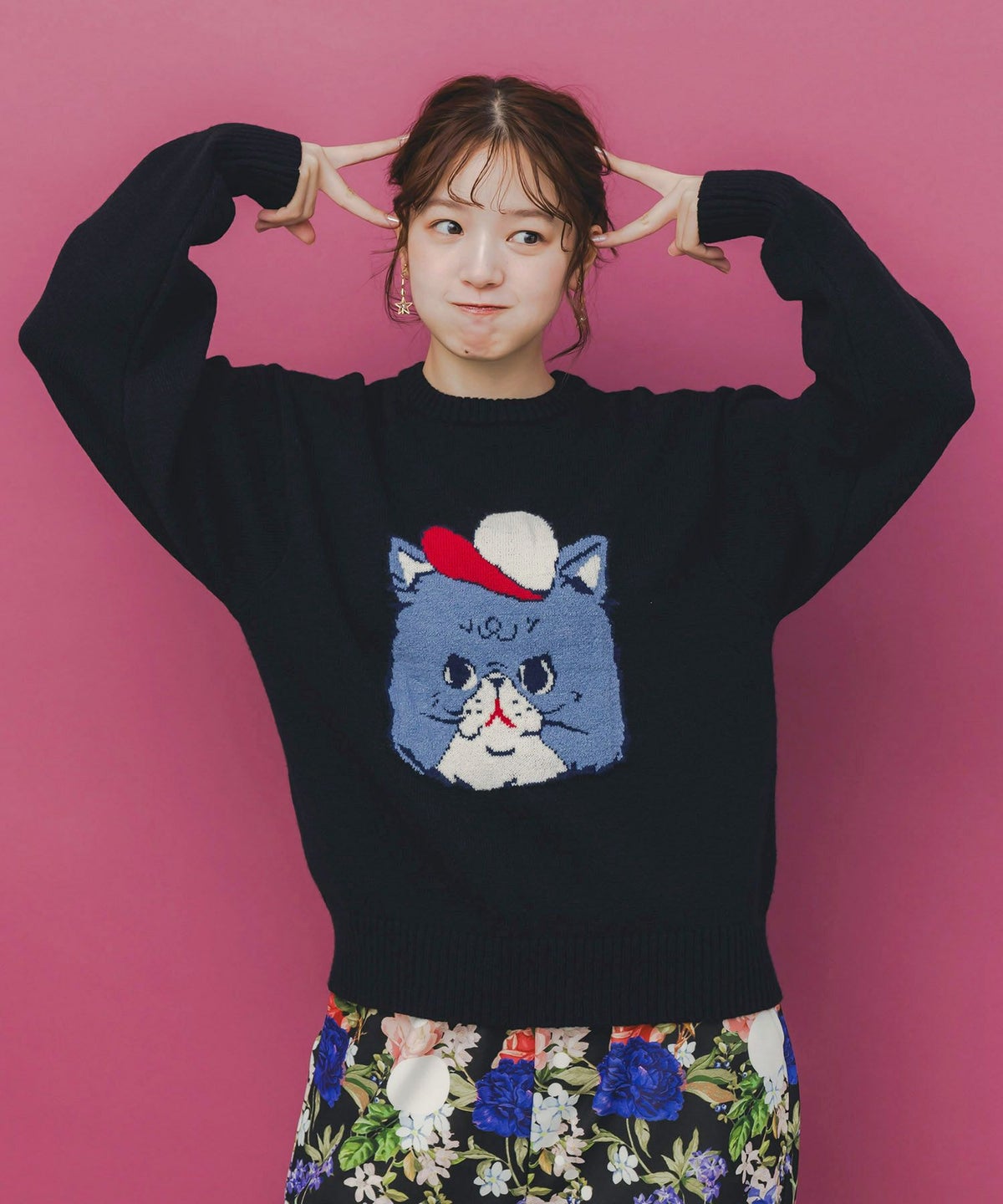 キャップネコ柄ジャガードニットプルオーバー-3