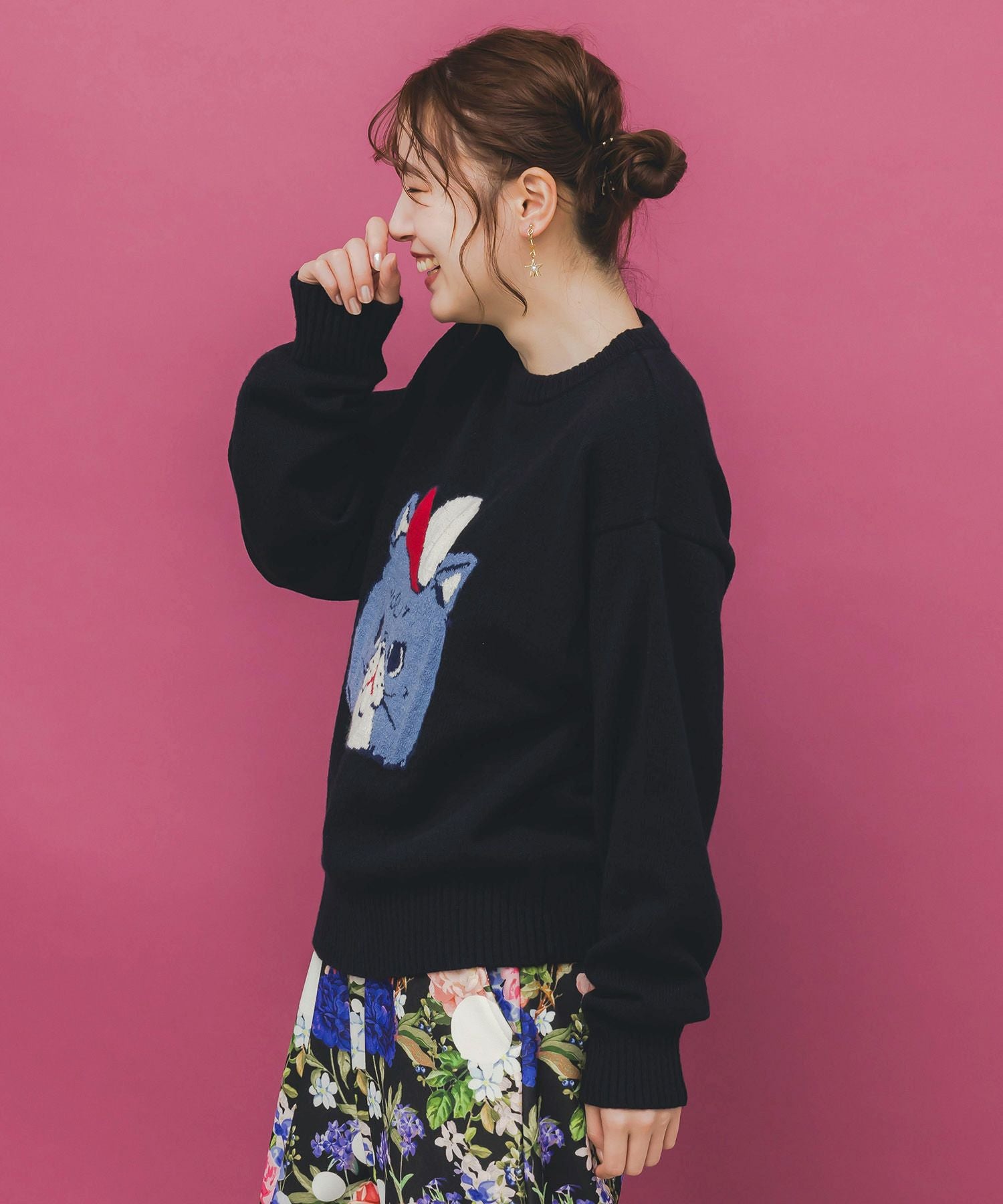 153725：キャップネコ柄ジャガードニットプルオーバーの通販-ScoLar