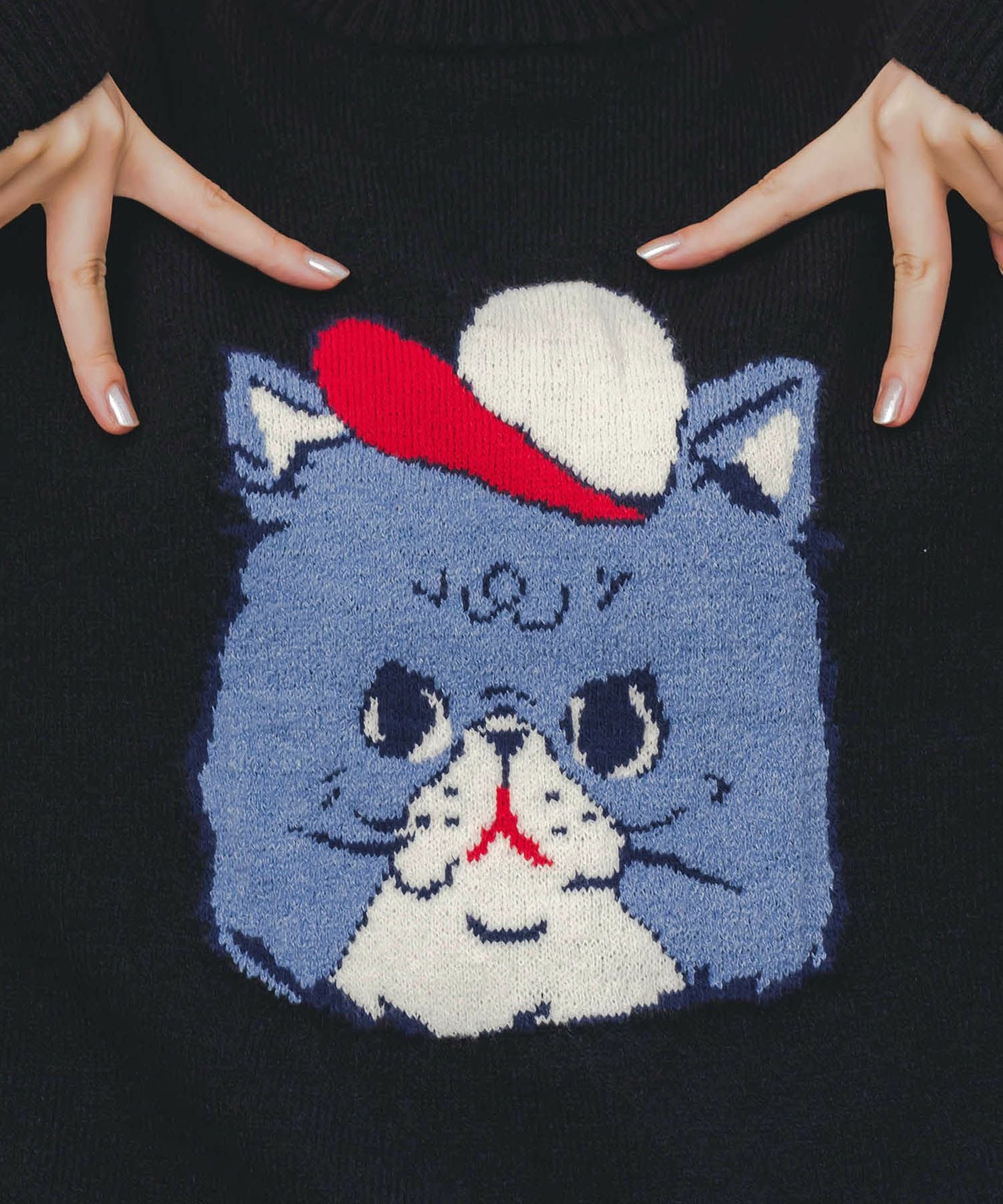 153725：キャップネコ柄ジャガードニットプルオーバーの通販-ScoLar