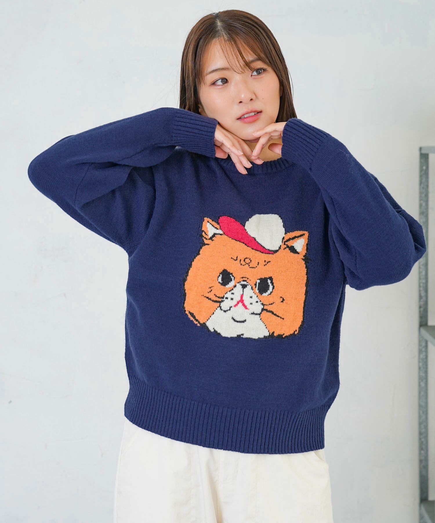 153725：キャップネコ柄ジャガードニットプルオーバーの通販-ScoLar