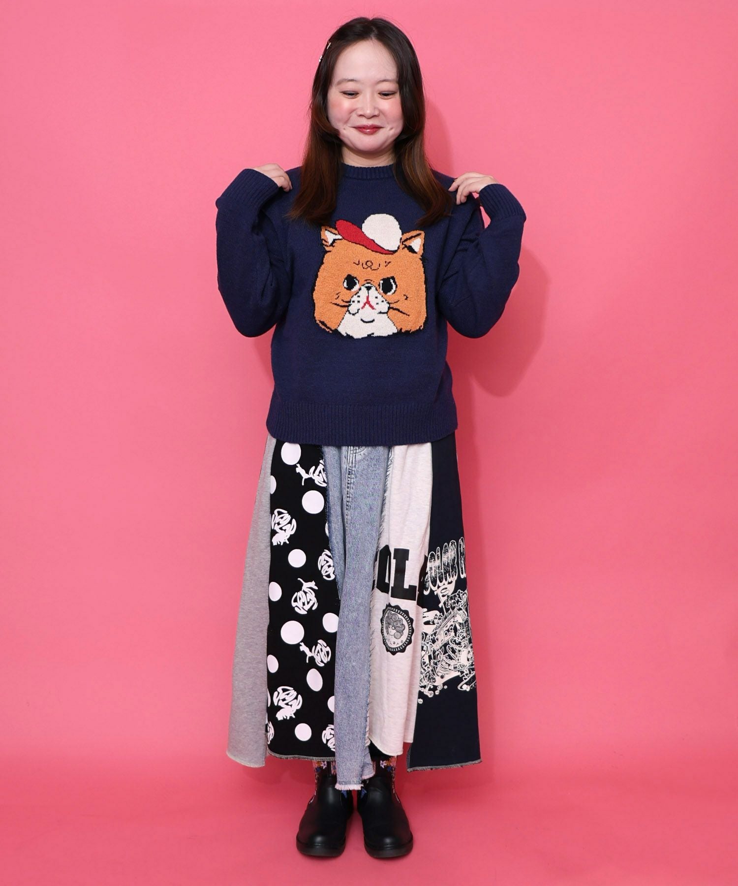 153725：キャップネコ柄ジャガードニットプルオーバーの通販-ScoLar