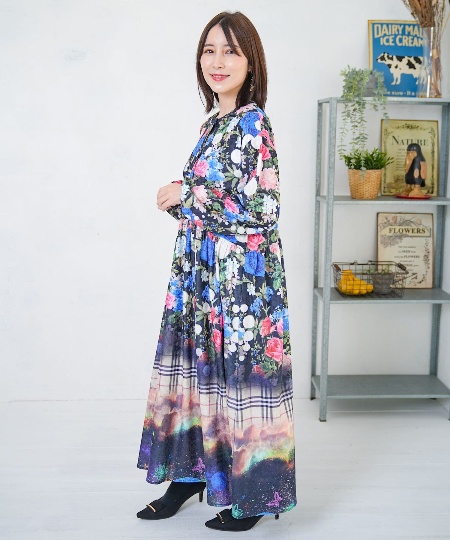 153721：2柄展開クラッシュベロアワンピースの通販-ScoLar