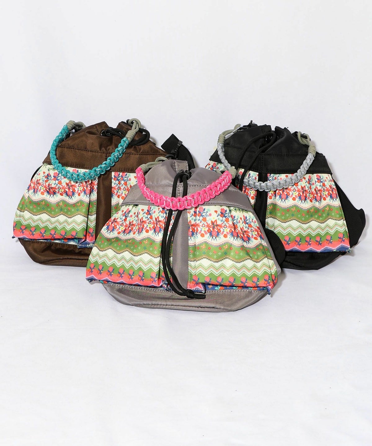 民族風柄配色パラコード付き巾着バッグ-18