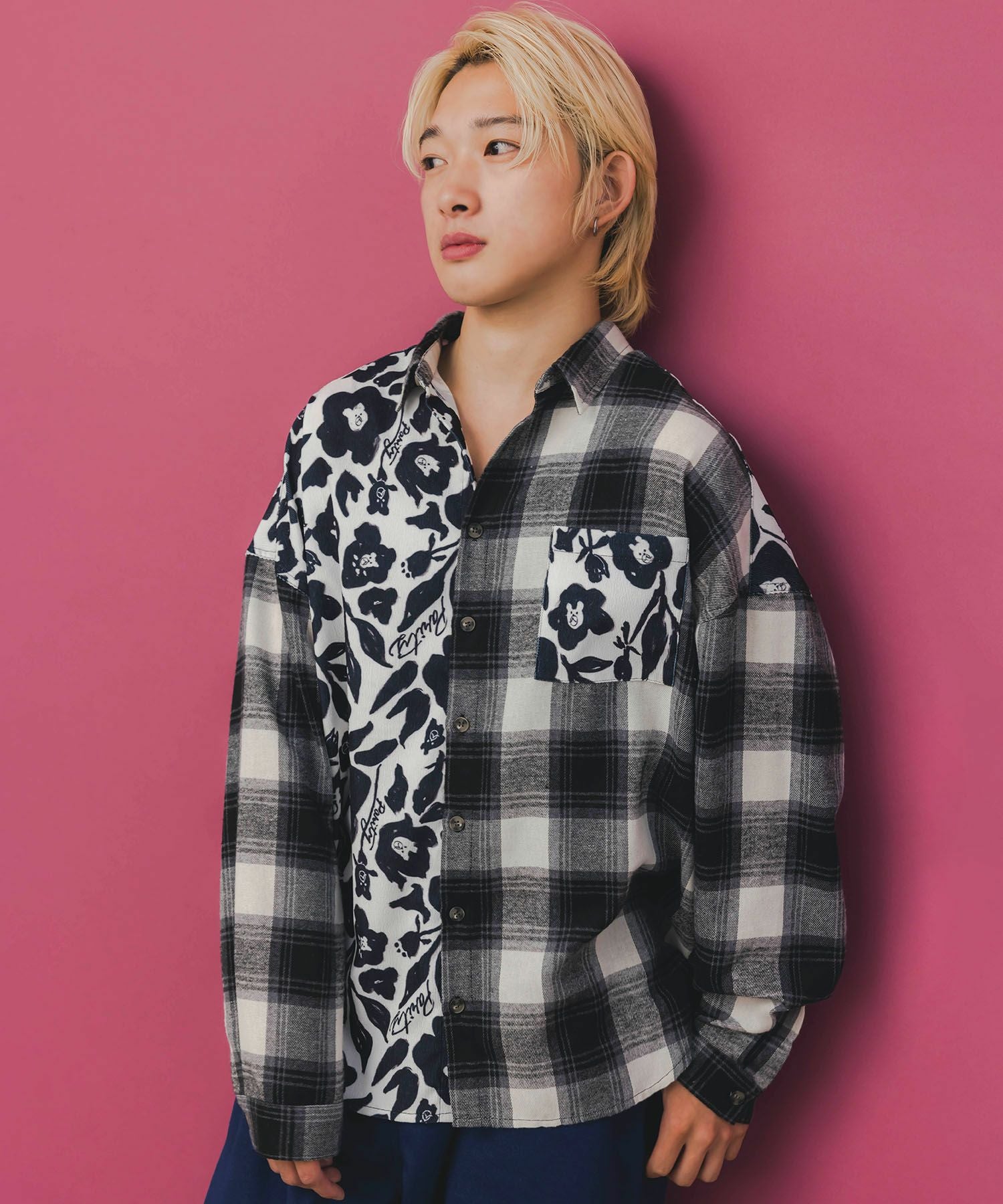 553254：チェック柄×フリンジ花刺繍ノーカラーシャツの通販-ScoLar