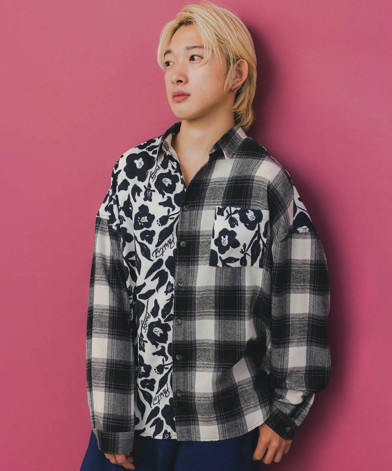クマ花柄コーデュロイ×チェック異素材切替シャツ-1
