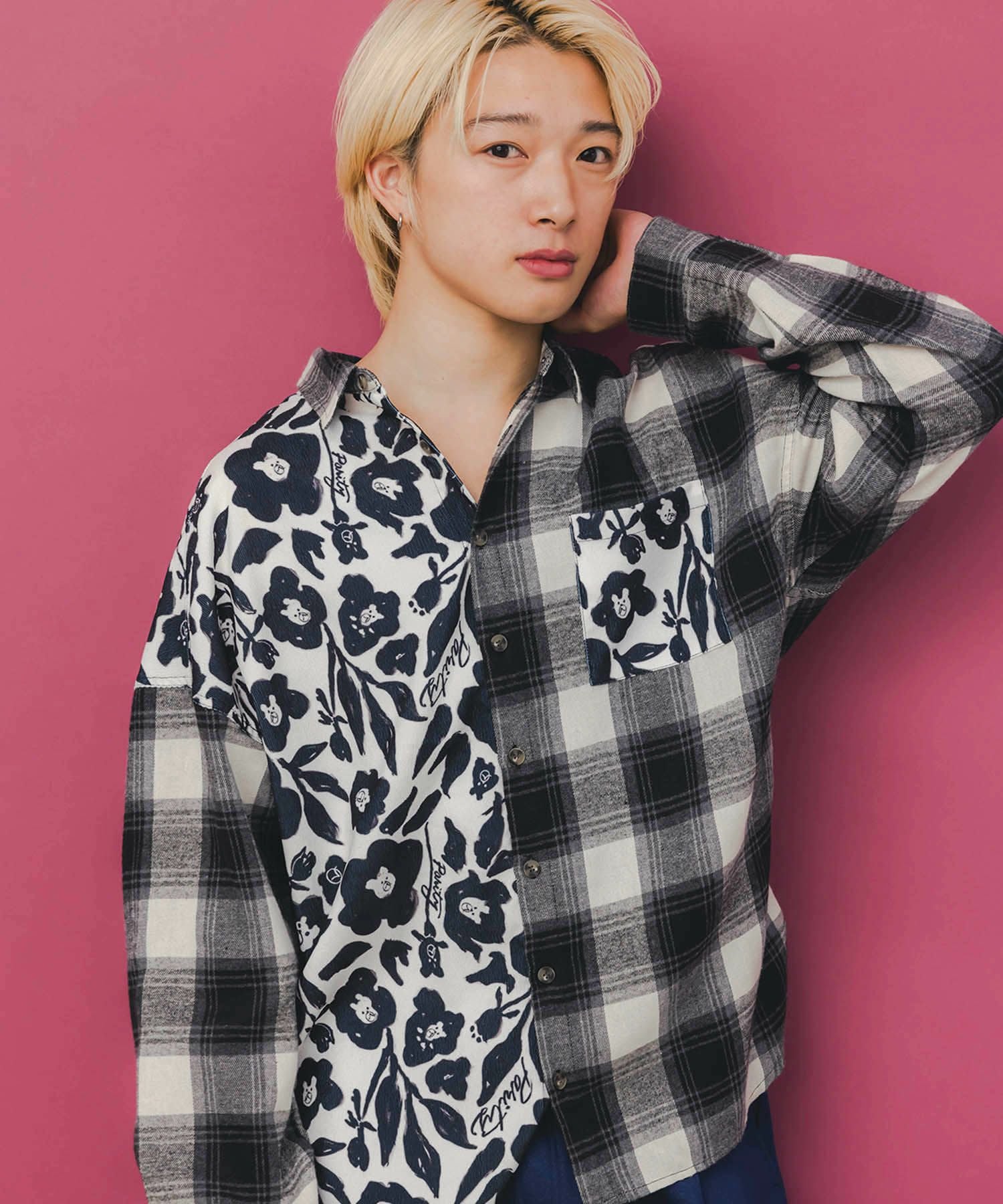 353134：クマ花柄コーデュロイ×チェック異素材切替シャツの通販-ScoLar