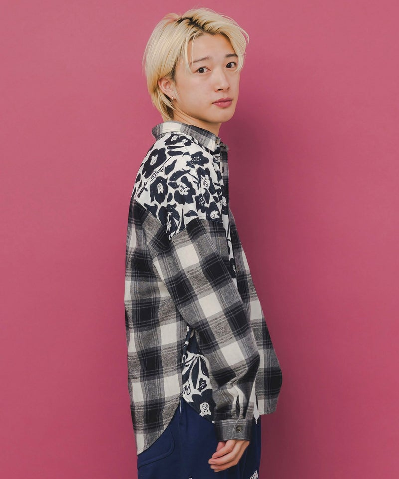 クマ花柄コーデュロイ×チェック異素材切替シャツ-4