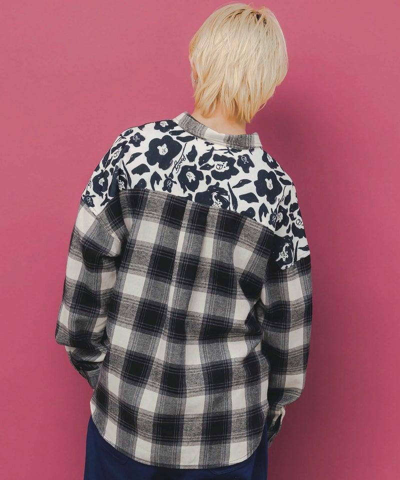 クマ花柄コーデュロイ×チェック異素材切替シャツ-5