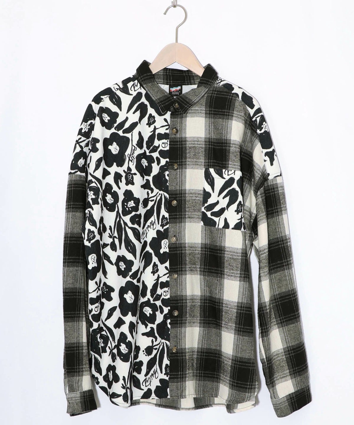 クマ花柄コーデュロイ×チェック異素材切替シャツ-17