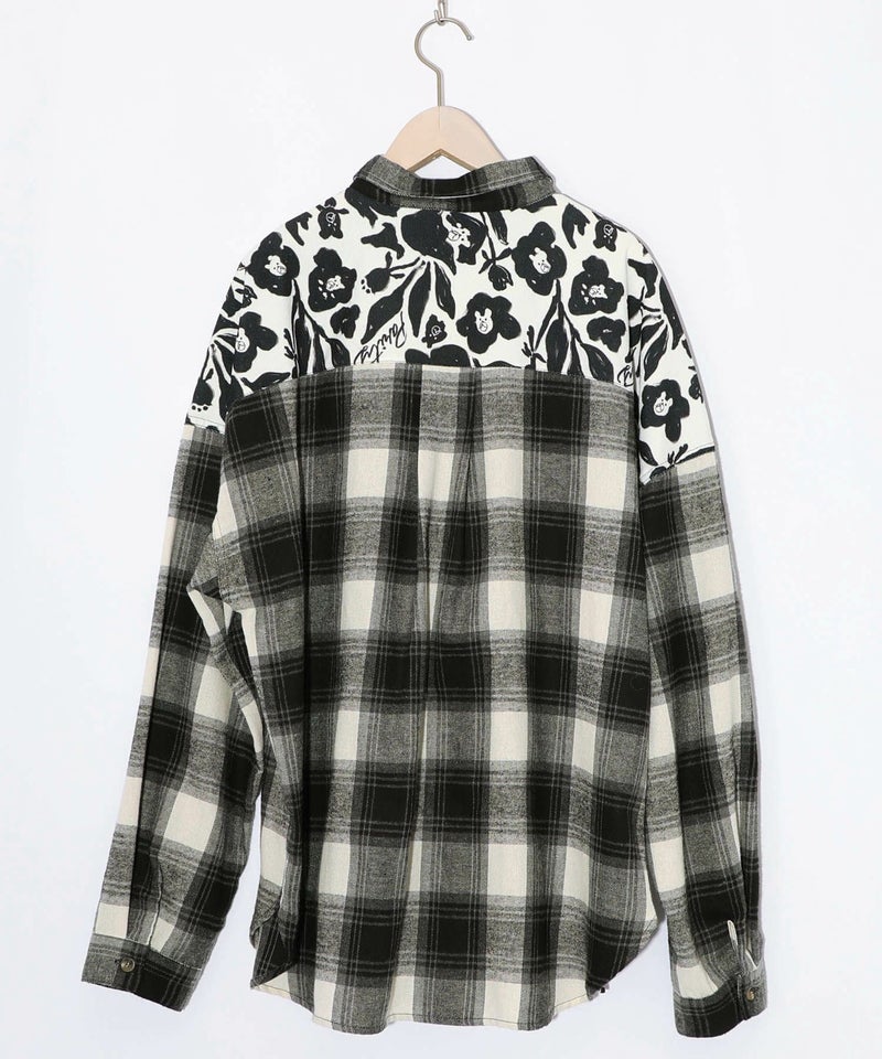 クマ花柄コーデュロイ×チェック異素材切替シャツ-18