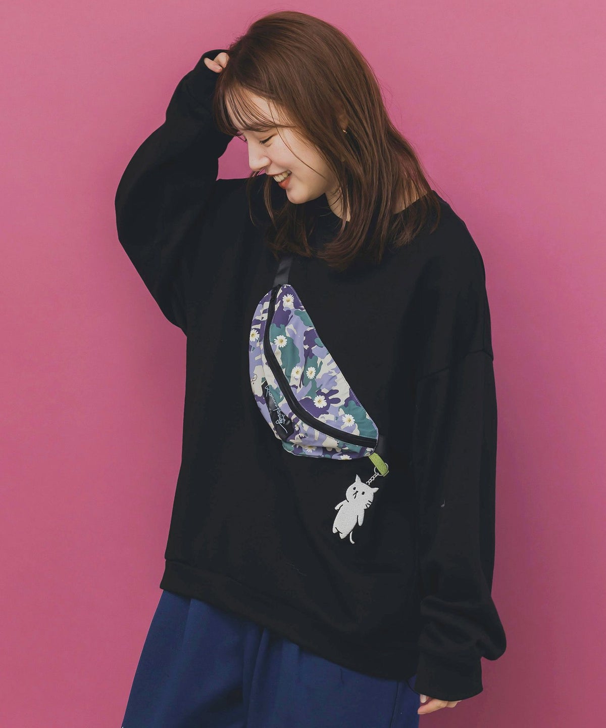 フェイクボディバッグ×ネコ刺繍付き裏毛プルオーバー-5