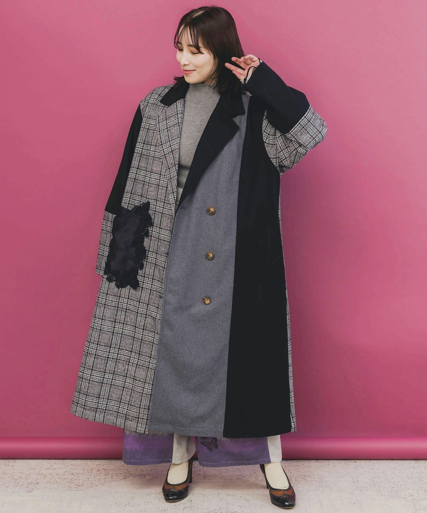 553269：バラ刺繍起毛チェック×蝶レース×フェイクウールコートの通販