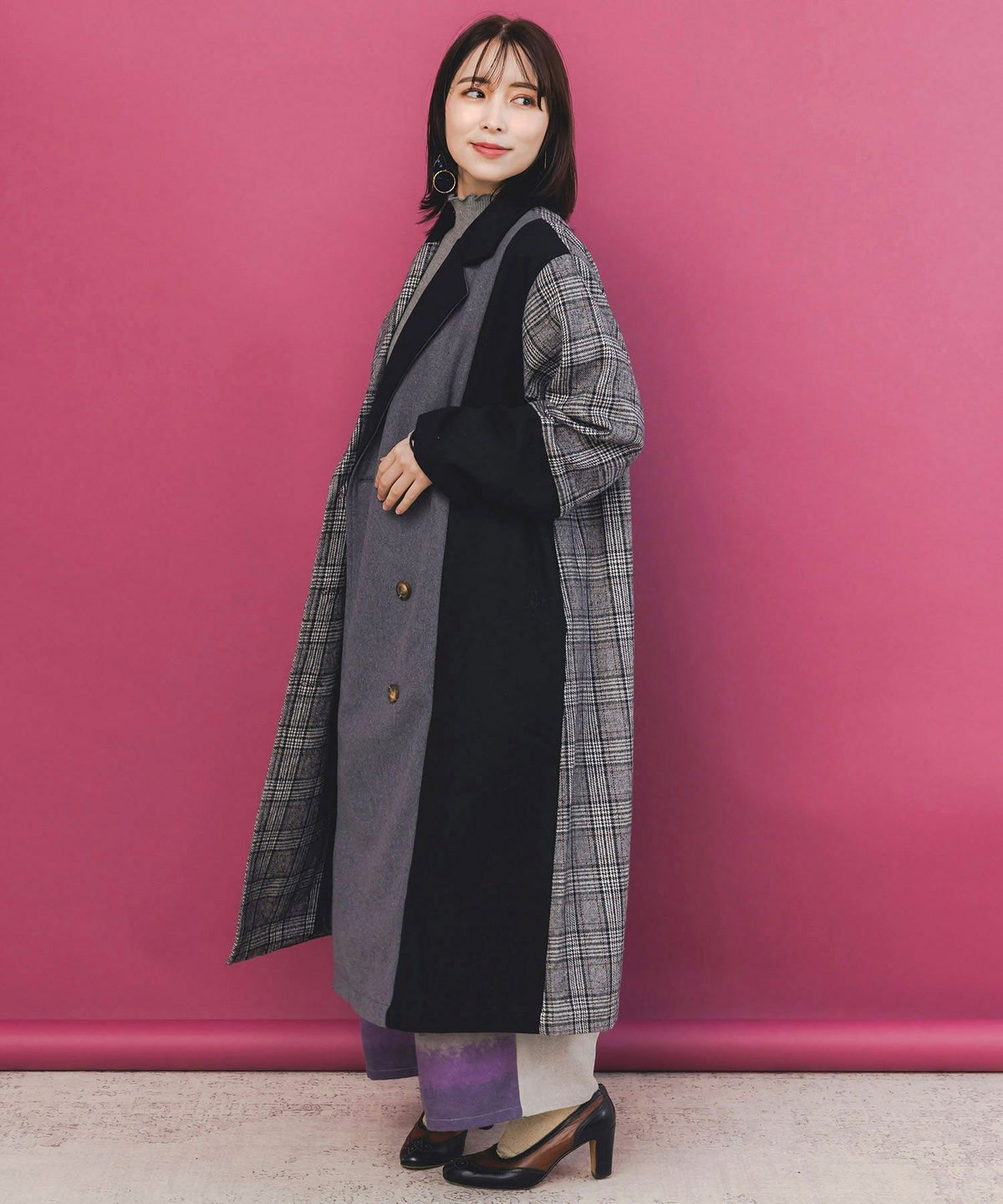 バラ刺繍起毛チェック×蝶レース×フェイクウールコート-3