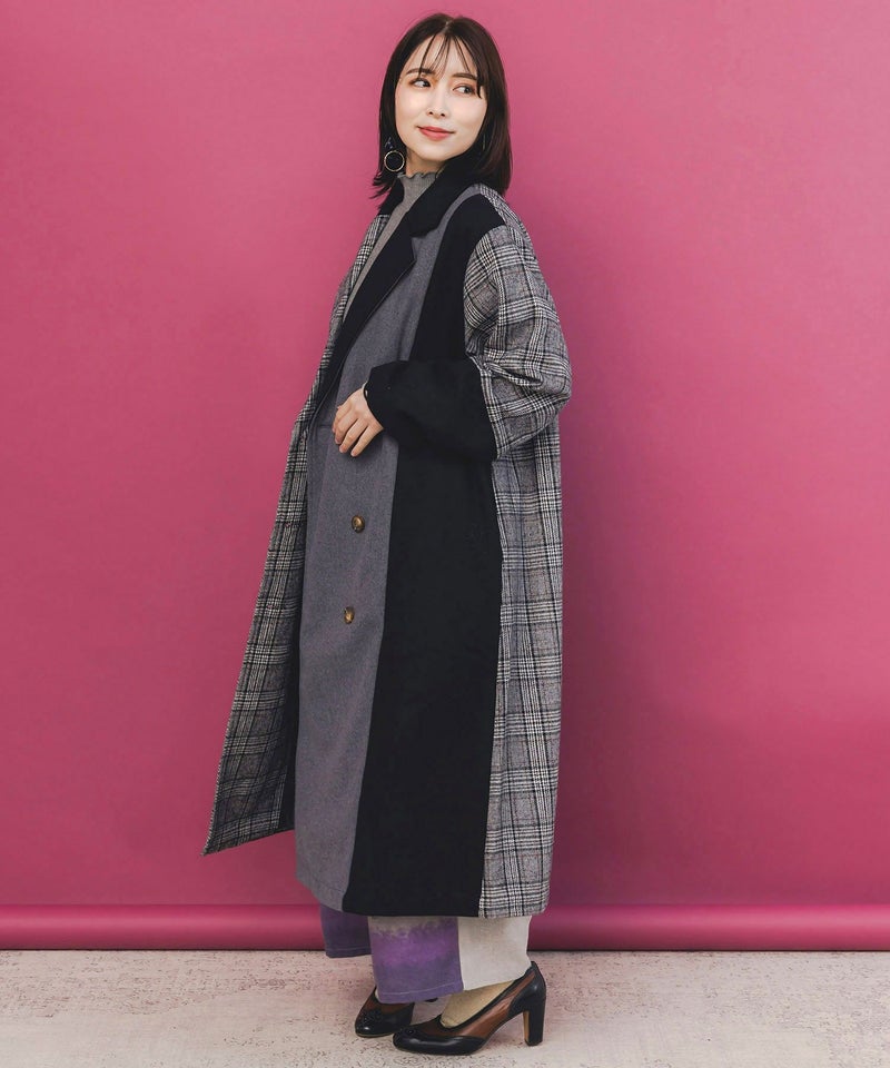 バラ刺繍起毛チェック×蝶レース×フェイクウールコート-3