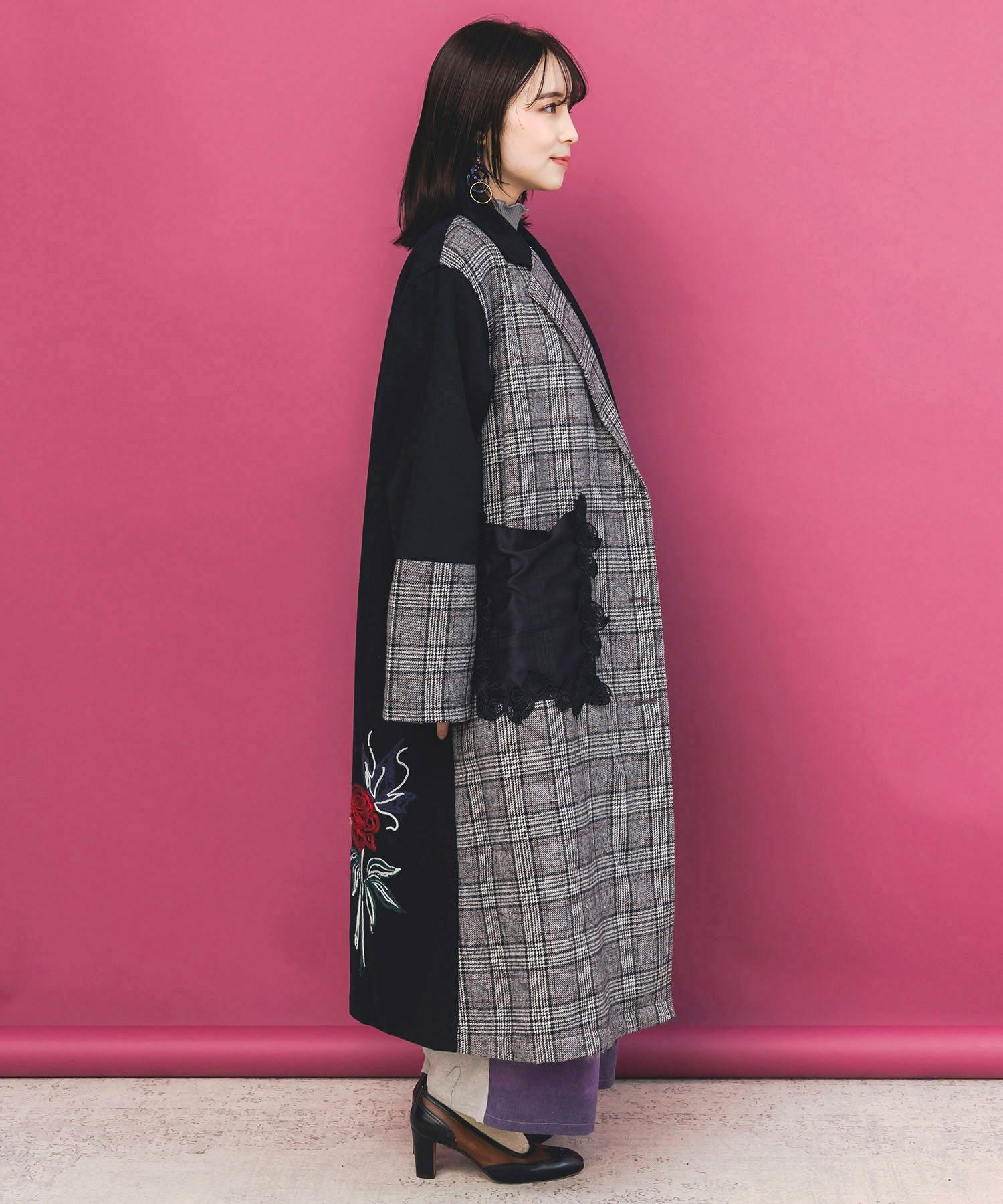 553269:バラ刺繍起毛チェック×蝶レース×フェイクウールコートの 553269:バラ刺繍起毛チェック×蝶レース×フェイクウールコートの