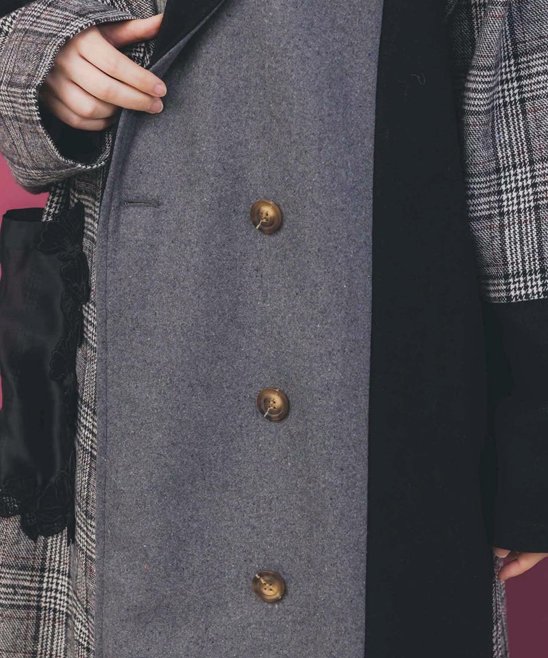 バラ刺繍起毛チェック×蝶レース×フェイクウールコート-7