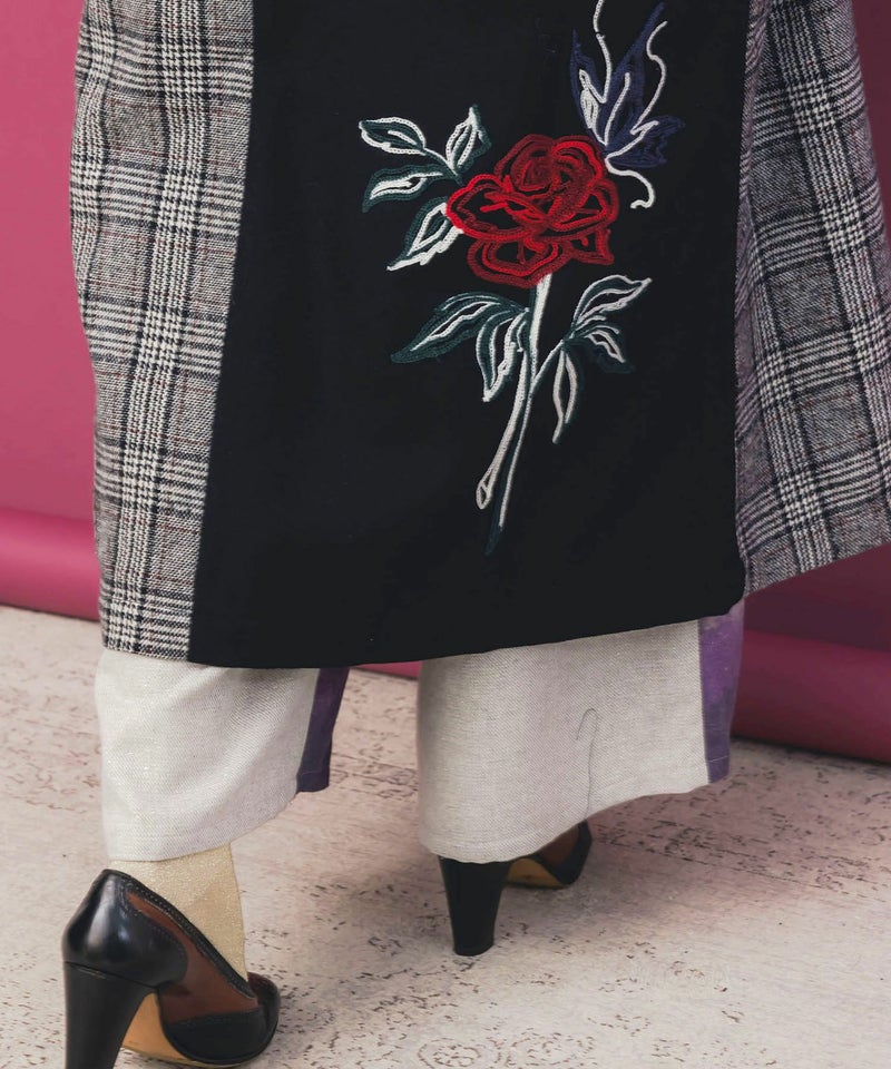 バラ刺繍起毛チェック×蝶レース×フェイクウールコート-9