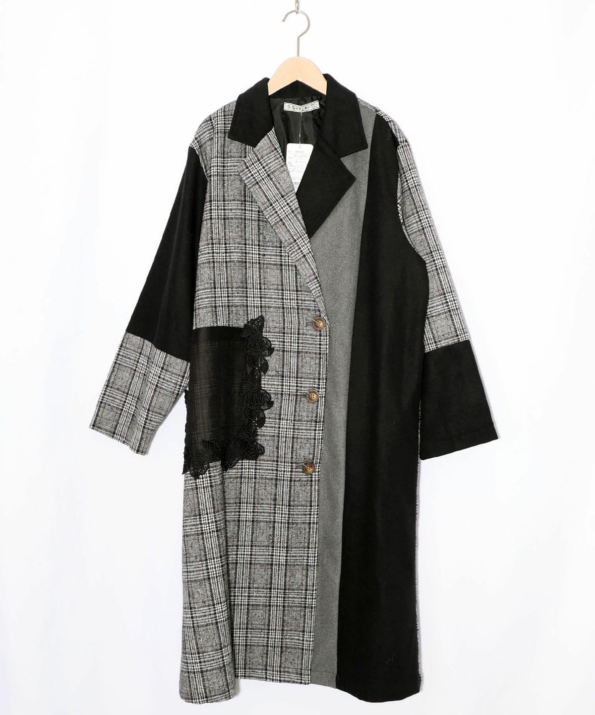 バラ刺繍起毛チェック×蝶レース×フェイクウールコート-10