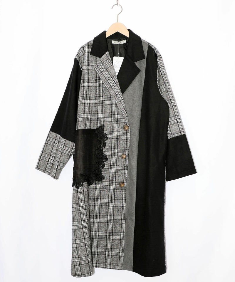 バラ刺繍起毛チェック×蝶レース×フェイクウールコート-10