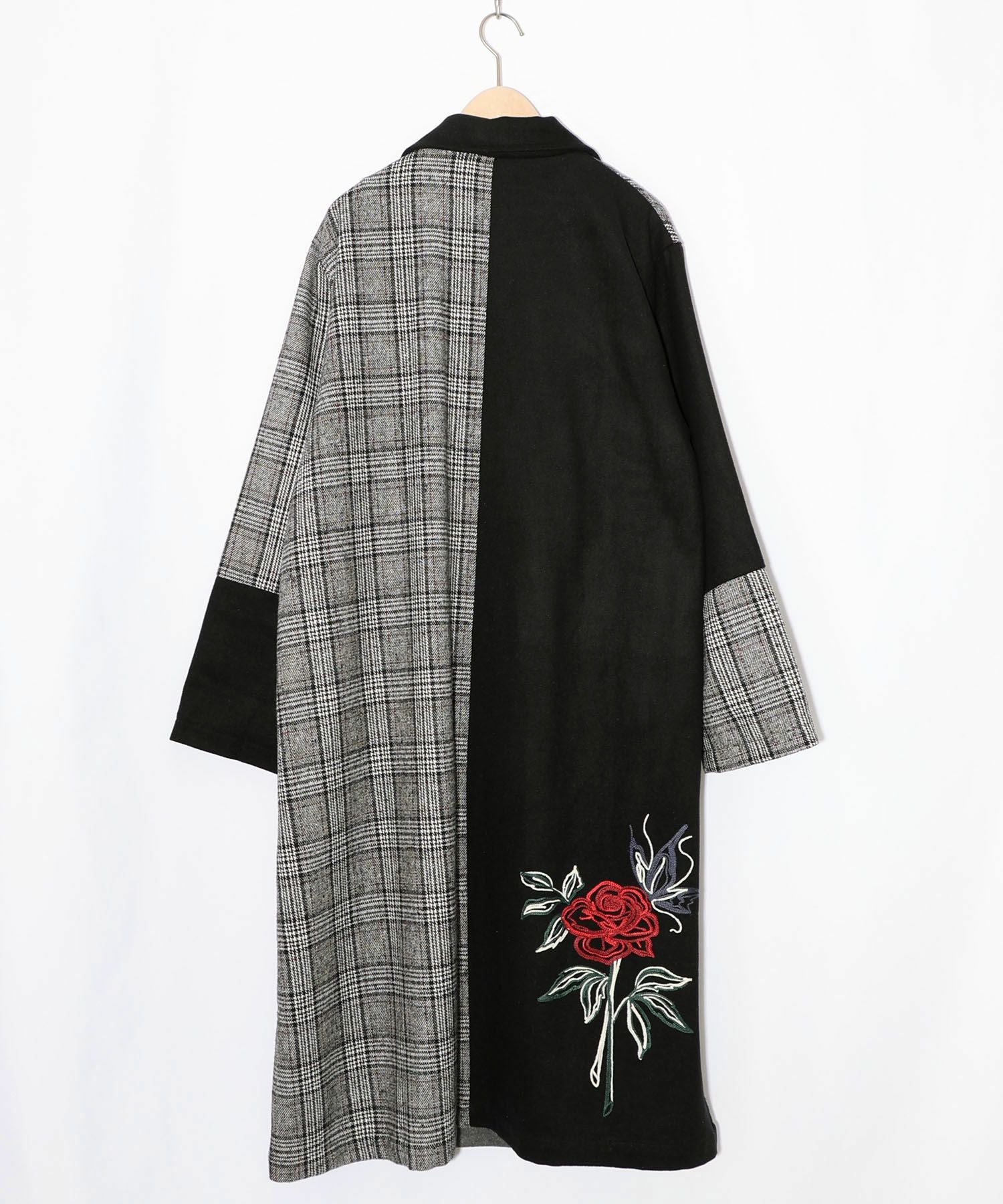 553269:バラ刺繍起毛チェック×蝶レース×フェイクウールコートの 553269:バラ刺繍起毛チェック×蝶レース×フェイクウールコートの