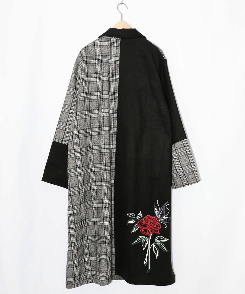 バラ刺繍起毛チェック×蝶レース×フェイクウールコート-11