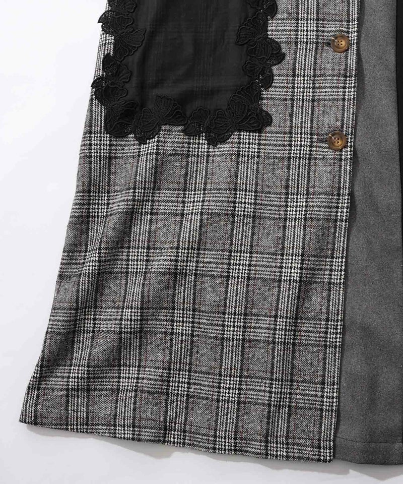バラ刺繍起毛チェック×蝶レース×フェイクウールコート-16