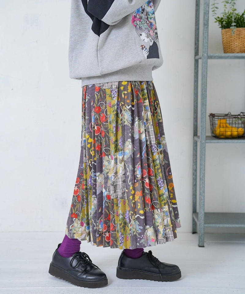 豊穣と繁栄柄スウェードポンチプリーツスカート-3