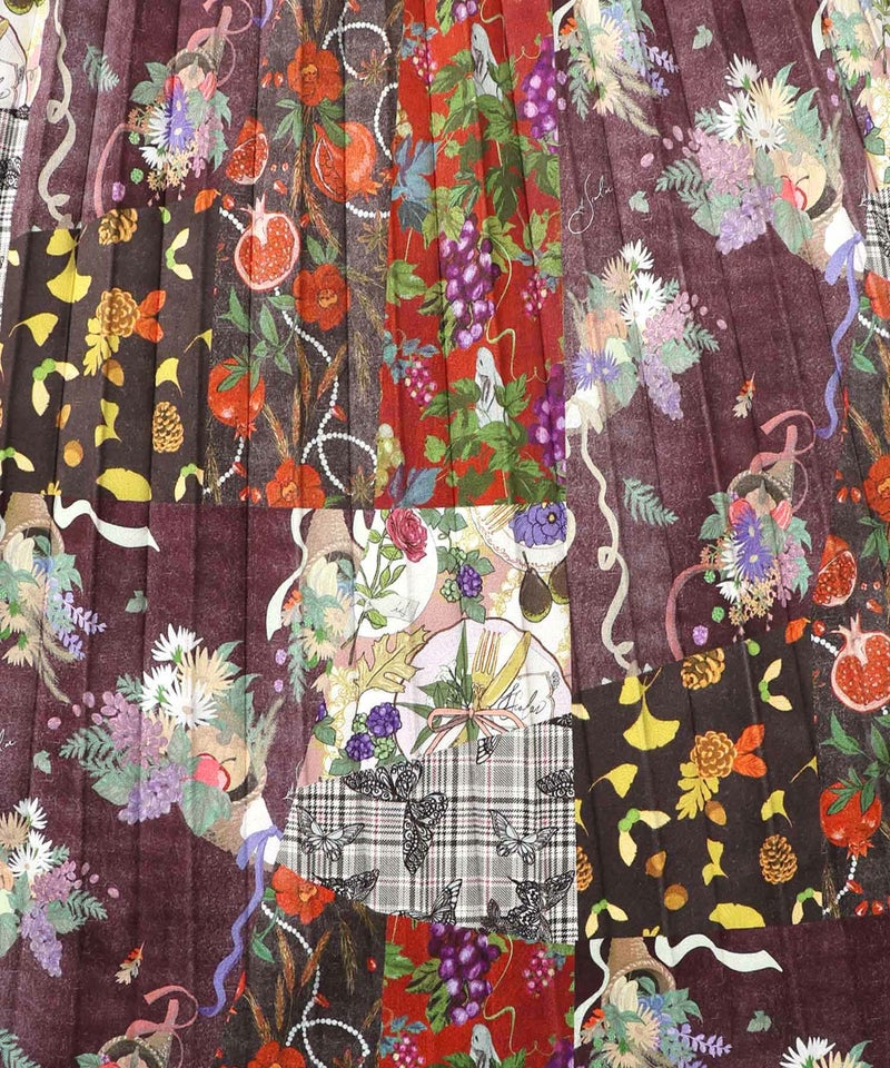 豊穣と繁栄柄スウェードポンチプリーツスカート-10