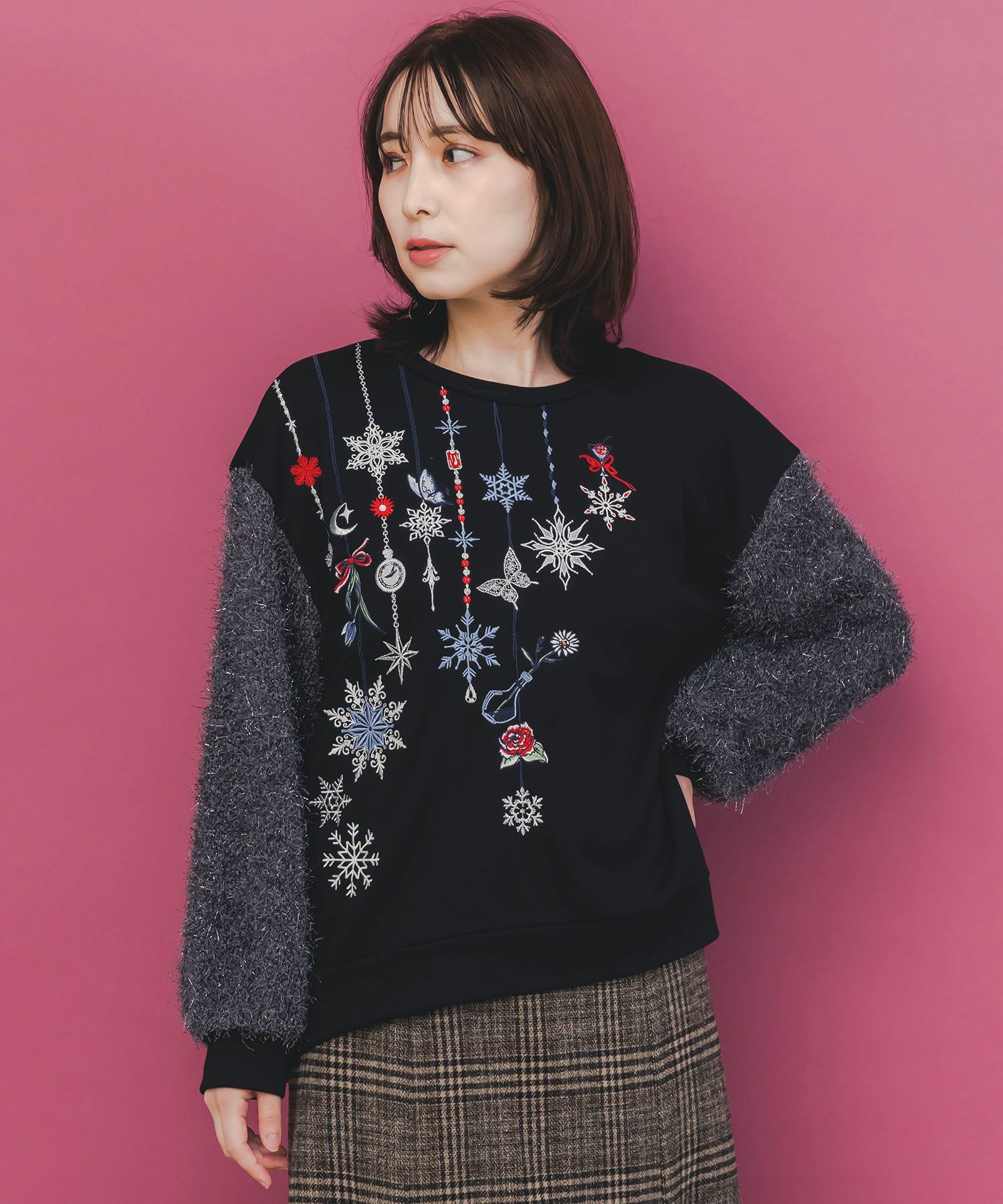 553254：チェック柄×フリンジ花刺繍ノーカラーシャツの通販-ScoLar