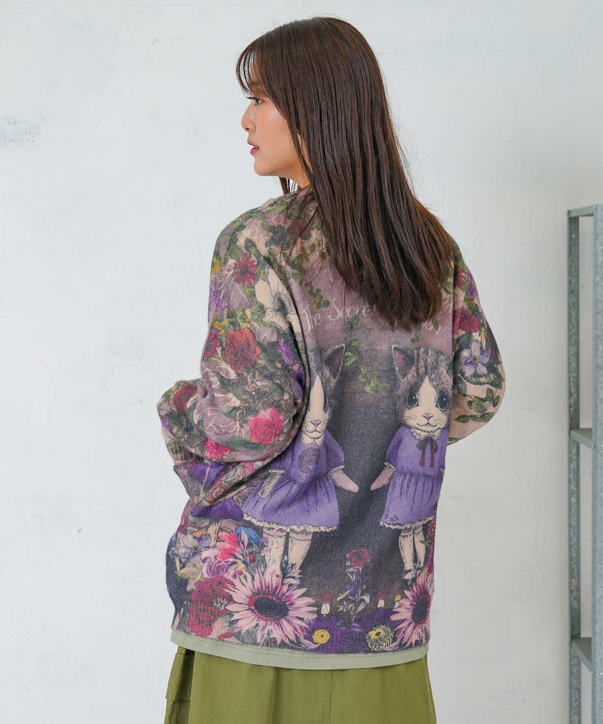 ネコ姉妹の秘密の花園柄 起毛ニットカーディガン-5