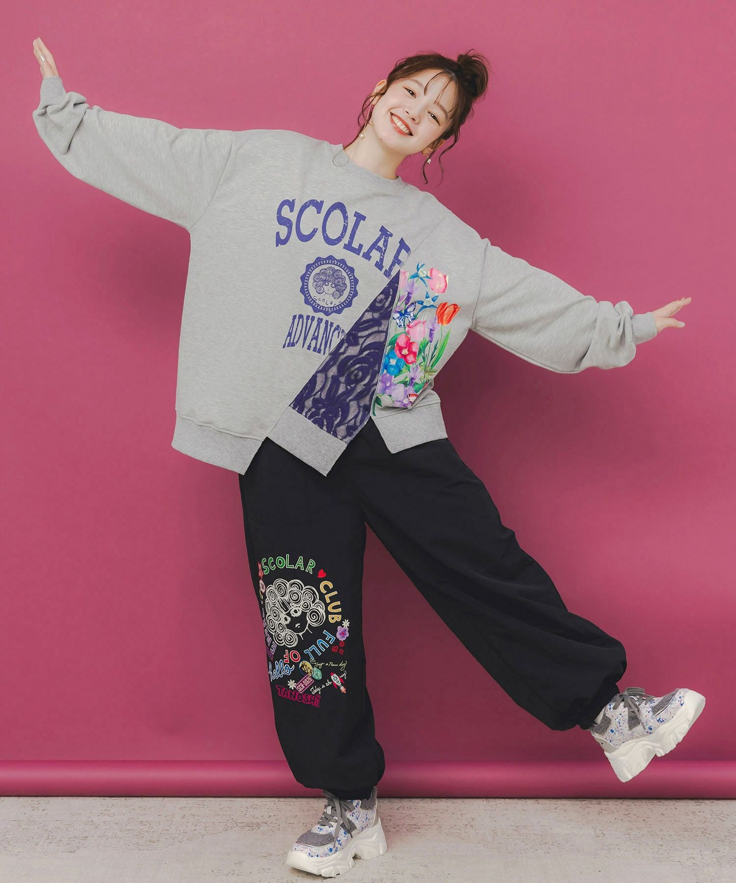 153718：ポップ柄裏フリースあったかナイロンパンツの通販-ScoLar