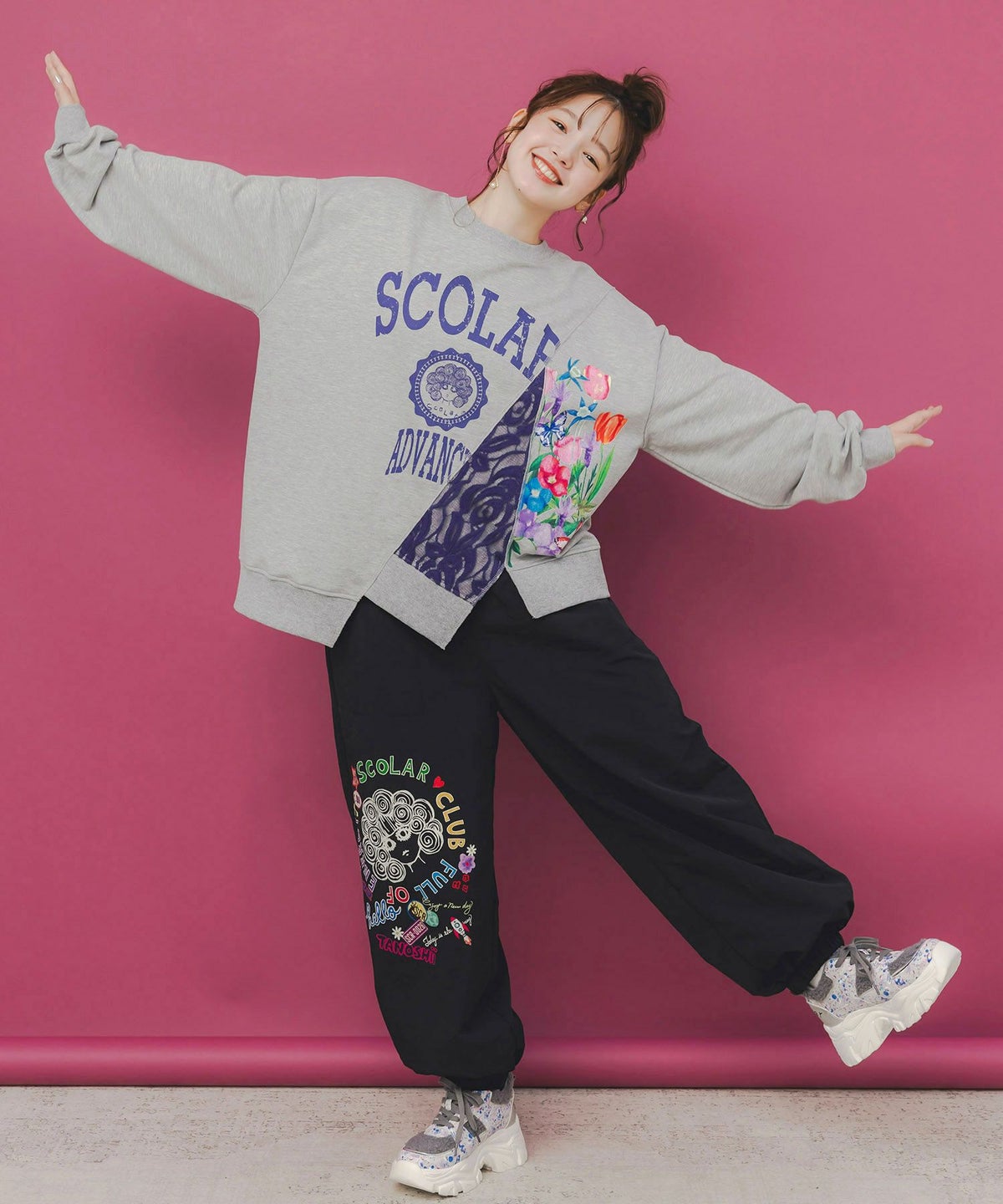 ポップ柄裏フリースあったかナイロンパンツ-2