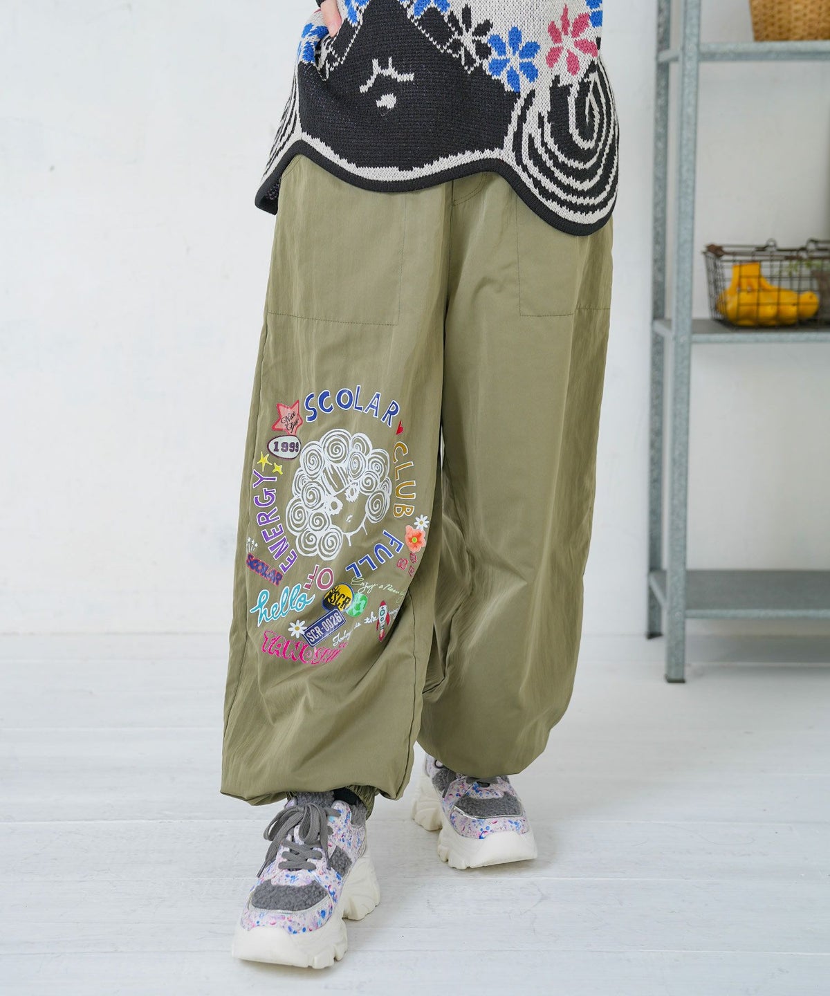 ポップ柄裏フリースあったかナイロンパンツ-16