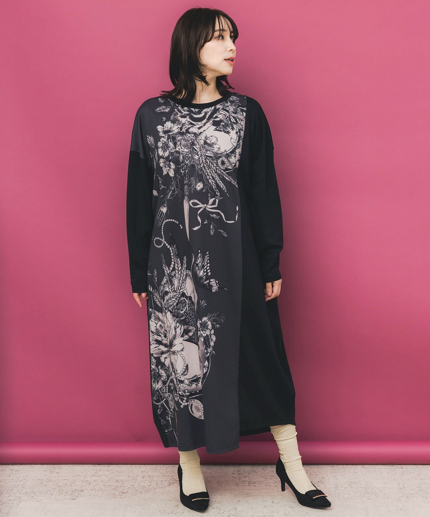 553268：花柄×無地バイカラー裏毛ワンピースの通販-ScoLar