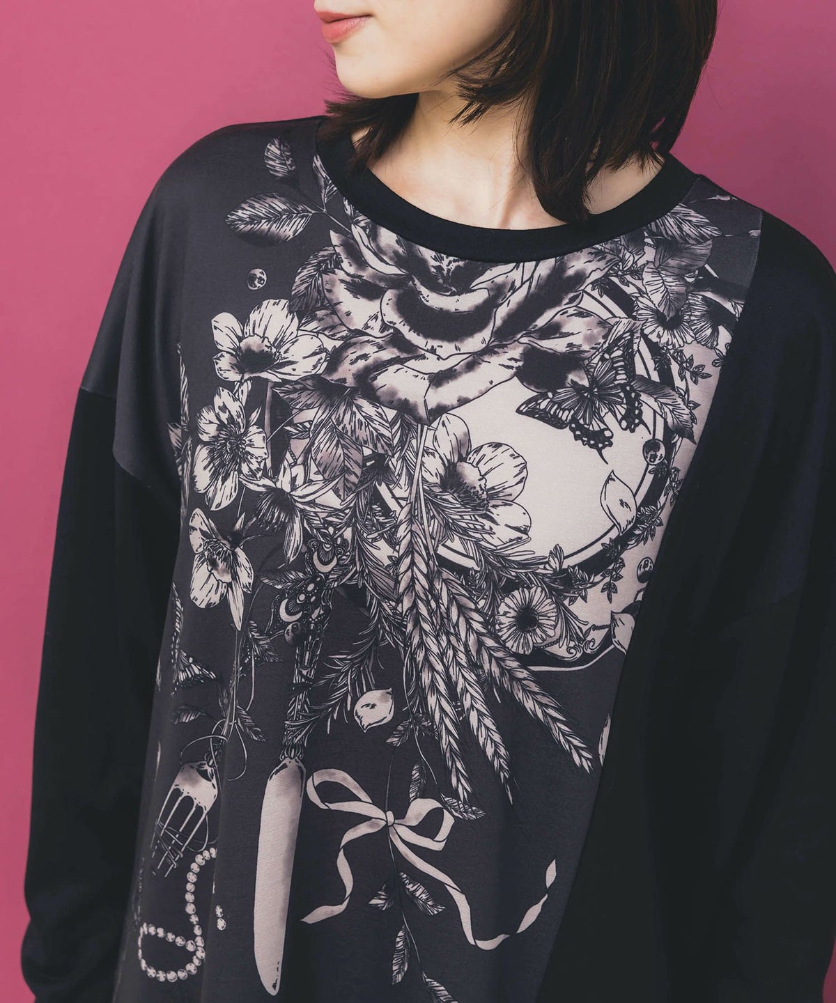 花柄×無地バイカラー裏毛ワンピース-6