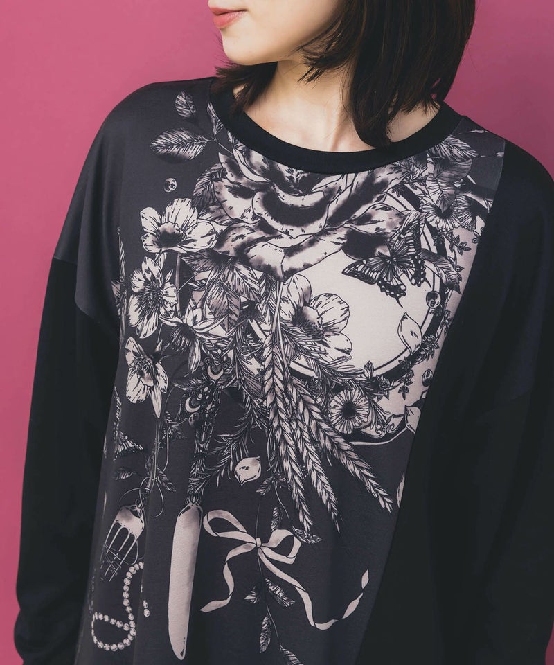 花柄×無地バイカラー裏毛ワンピース-6