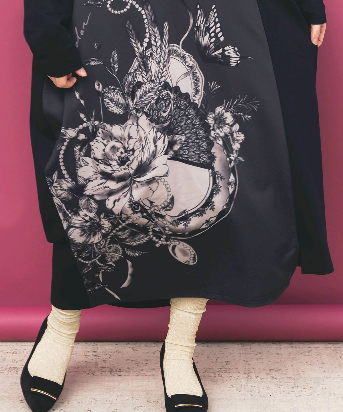 花柄×無地バイカラー裏毛ワンピース-7