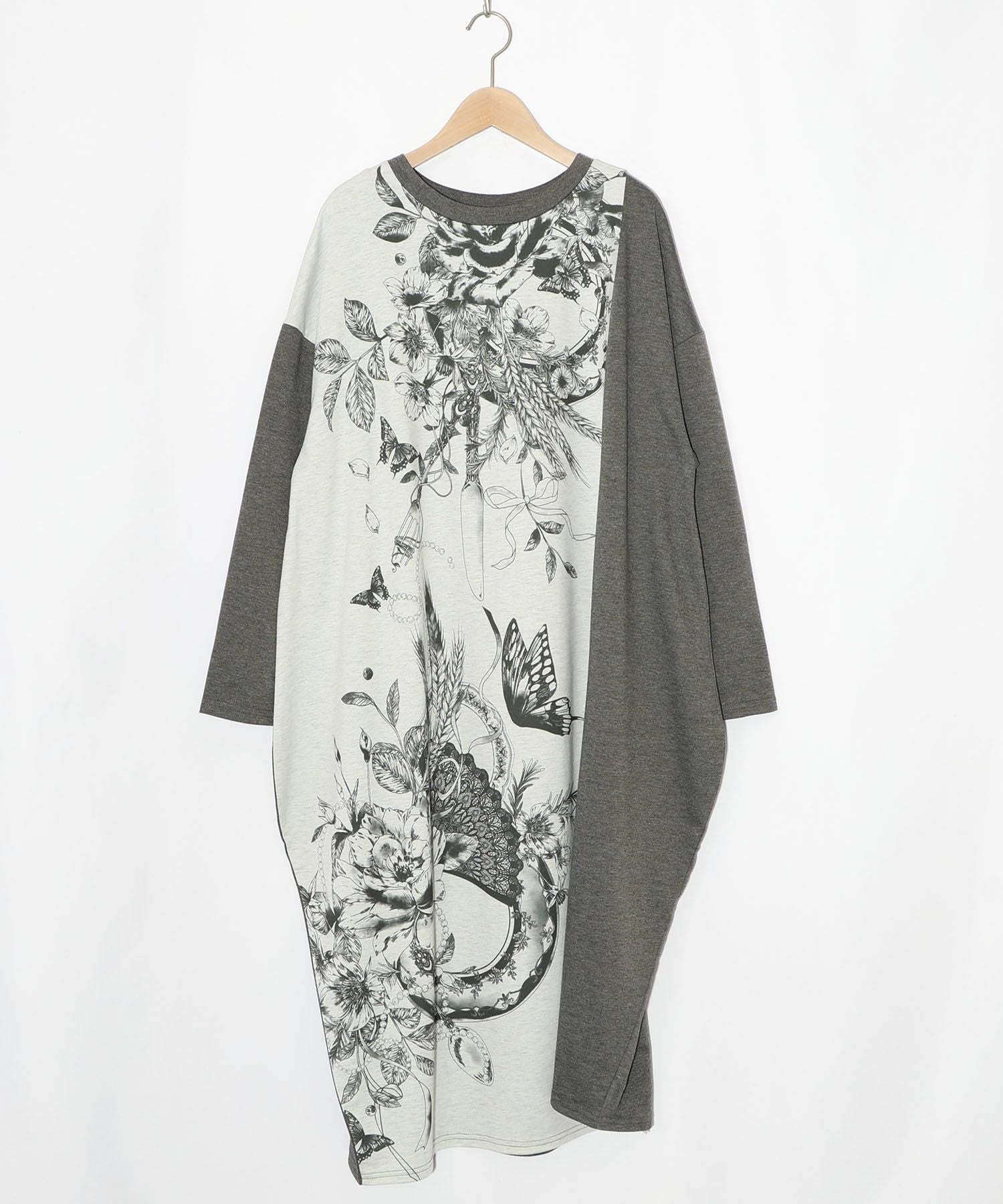 553268：花柄×無地バイカラー裏毛ワンピースの通販-ScoLar