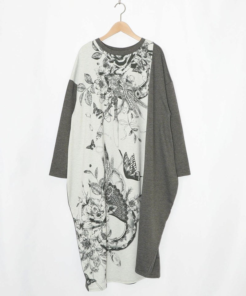 花柄×無地バイカラー裏毛ワンピース-8