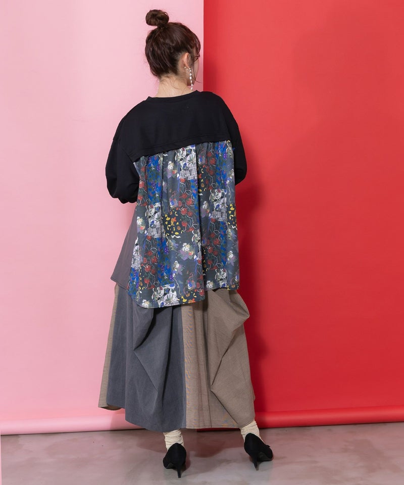 花蝶柄×無地リメイク風 異素材切替プルオーバー-6