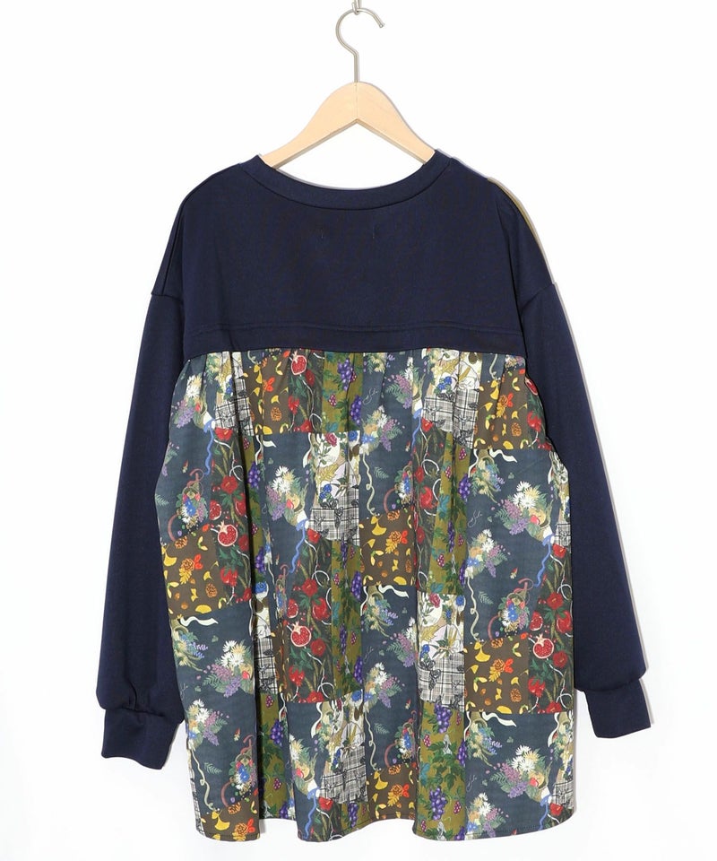 花蝶柄×無地リメイク風 異素材切替プルオーバー-12