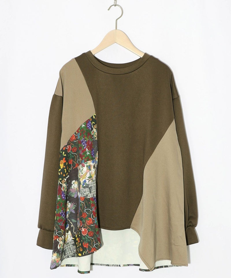 花蝶柄×無地リメイク風 異素材切替プルオーバー-14