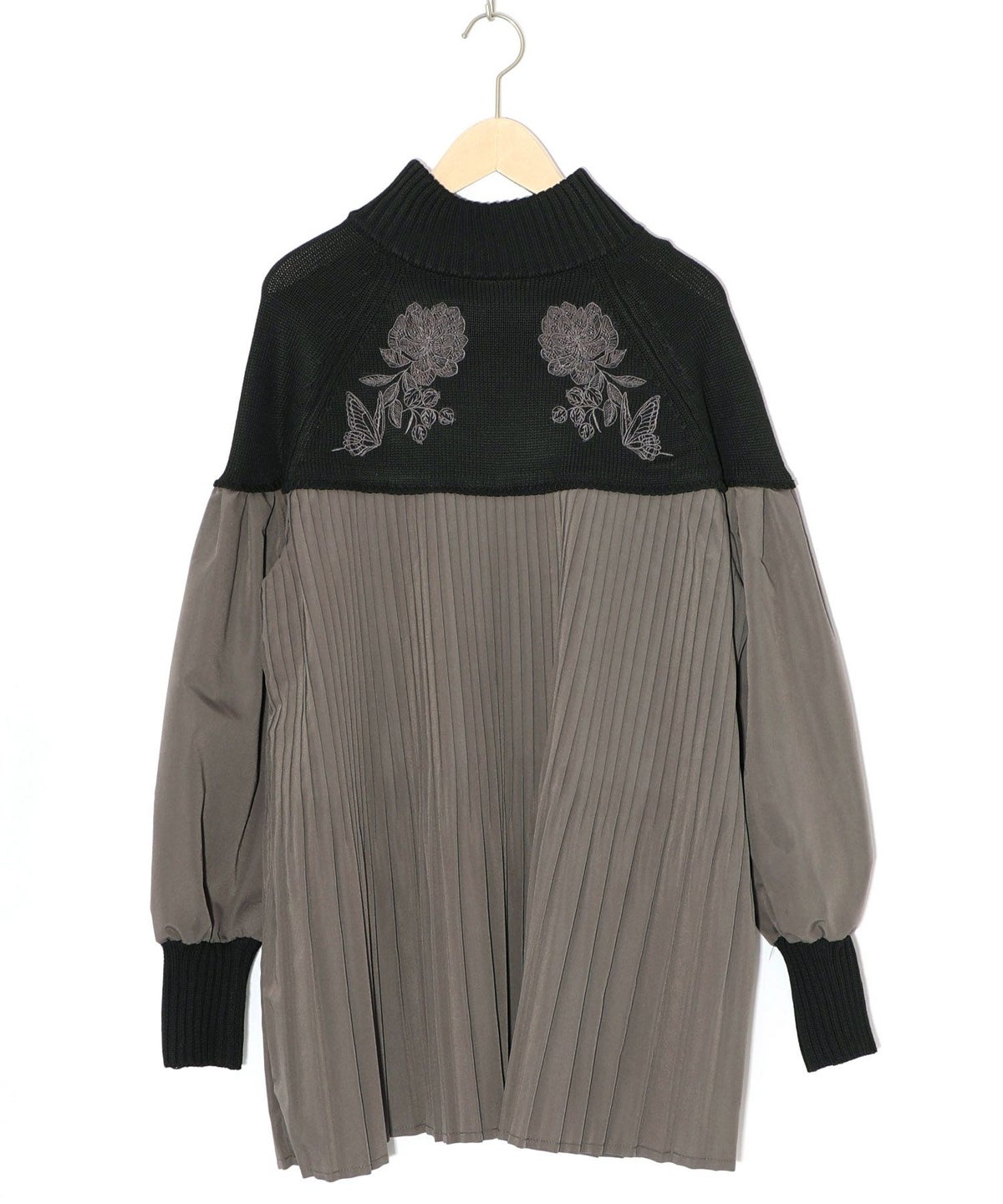 花刺繍ニット×プリーツ異素材切替プルオーバー-10