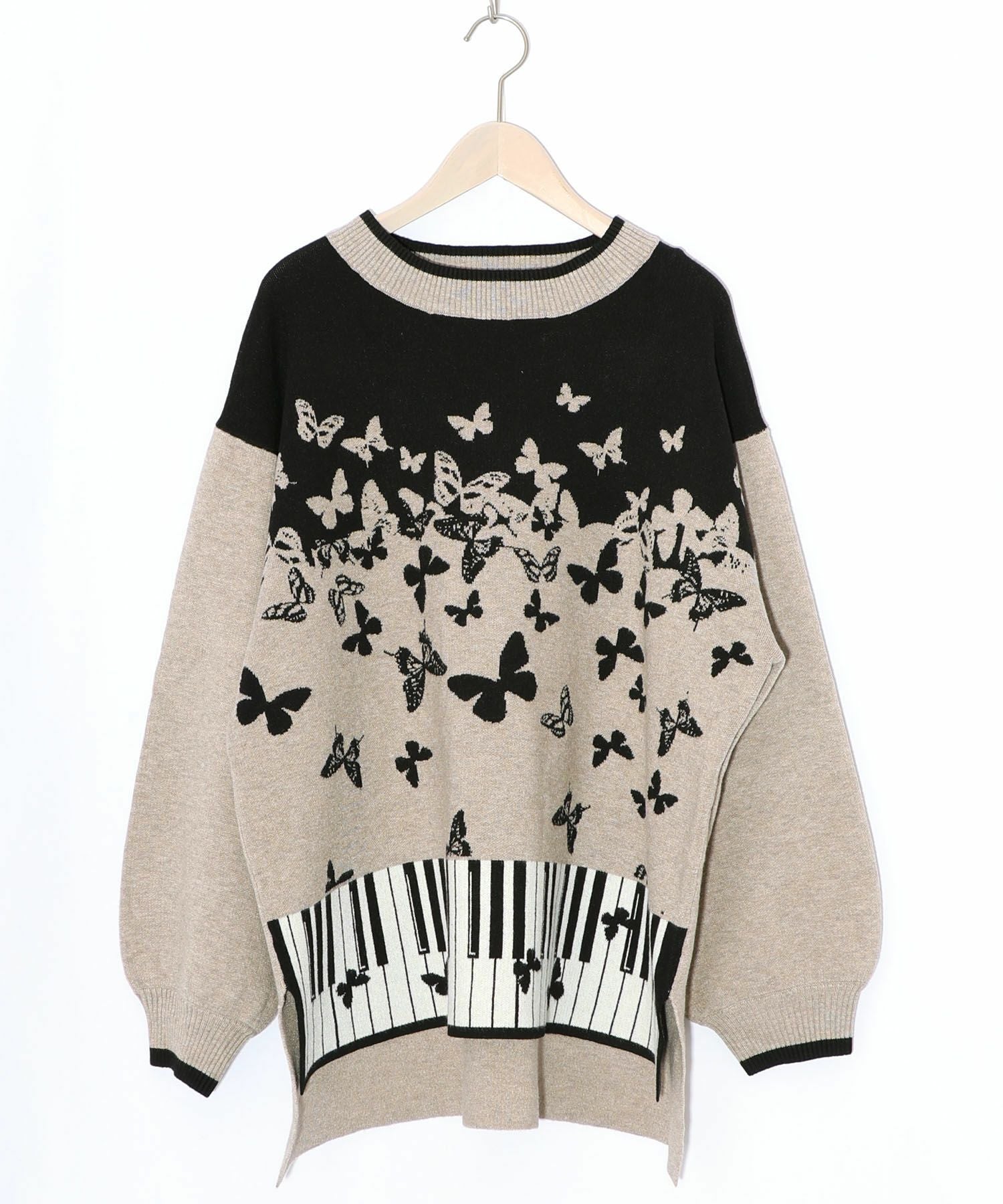 553262：ピアノ×蝶柄バイカラーニットプルオーバーの通販-ScoLar