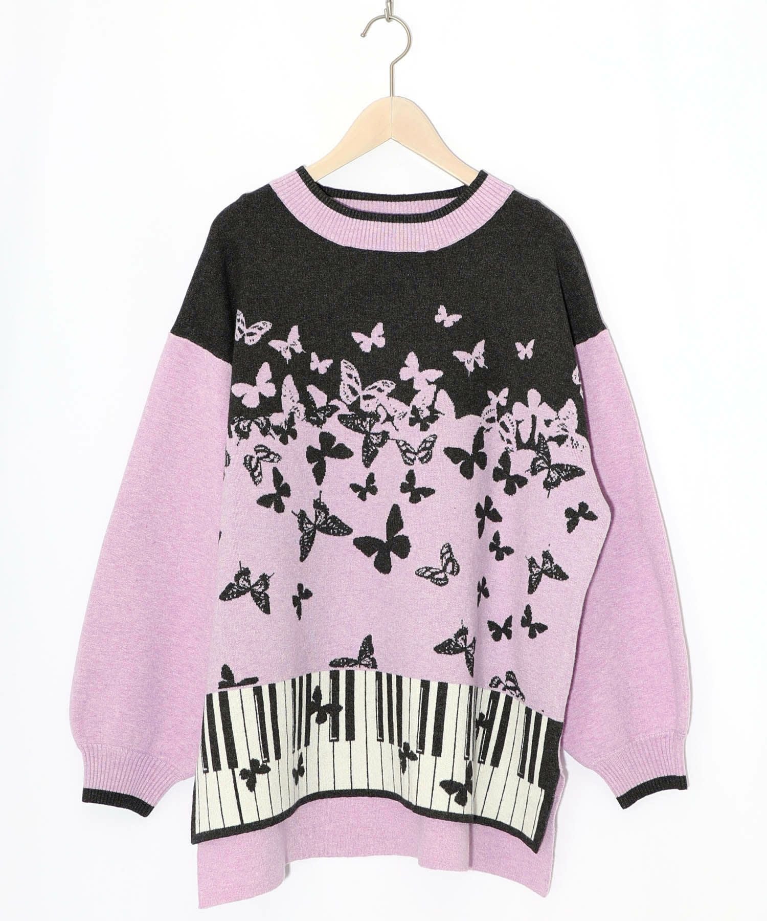 553262：ピアノ×蝶柄バイカラーニットプルオーバーの通販-ScoLar