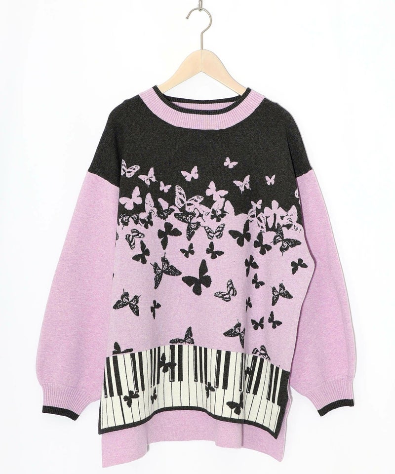 ピアノ×蝶柄バイカラーニットプルオーバー-13