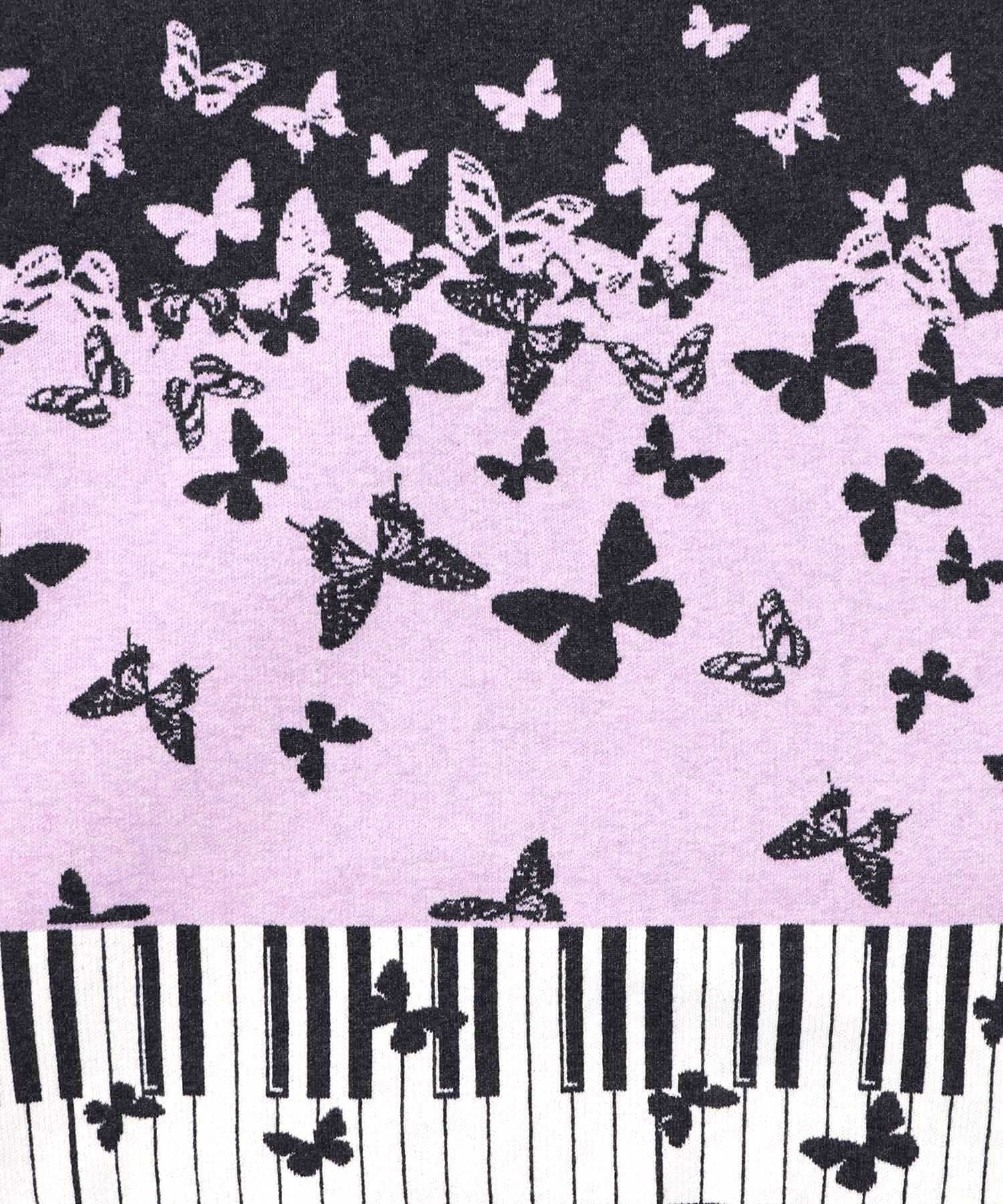553262：ピアノ×蝶柄バイカラーニットプルオーバーの通販-ScoLar